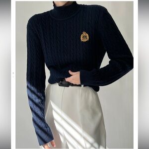 Vintage Ralph Lauren Navy Crest Mock Neck Knit Sweater Made Australia Classic L